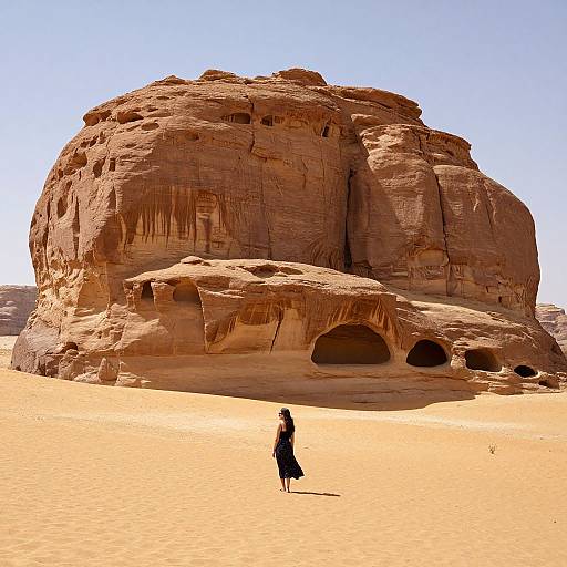 Photograph of a solitary figure in a long black robe standing before a massive, weathered, red-brown rock formation with multiple arches in a