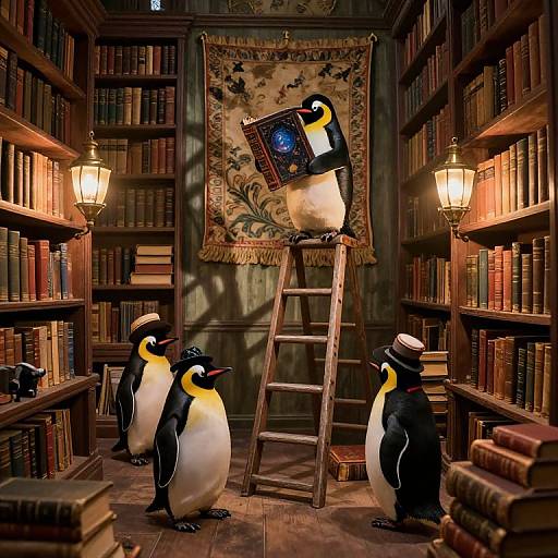 Victorian Penguins in Enchanted Library