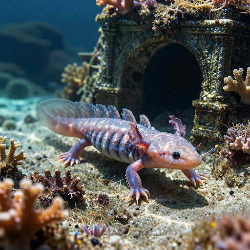 Photograph of a striped, purple and pink fish with fin-like appendages swimming near an underwater coral structure with a dark archway.