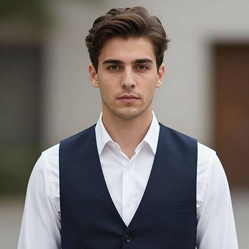 Photograph of a young man with dark brown hair, medium skin tone, wearing a white shirt and black vest, standing outdoors. Blurred background.