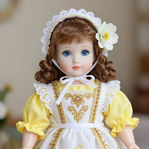 Photograph of a porcelain doll with blue eyes, brown curly hair, white lace headband, yellow puffed sleeves dress, white embroidered apron,