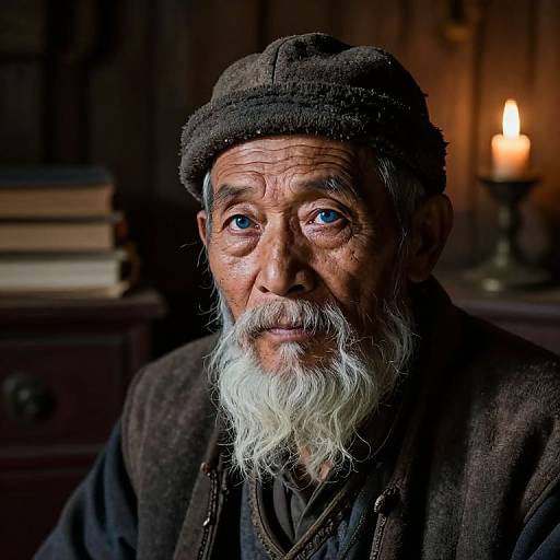 Photograph of an elderly man with a white beard, blue eyes, and brown flat cap, illuminated by a candle, in a dimly lit wooden