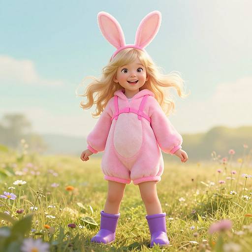Joyful Girl in Pink Bunny Costume