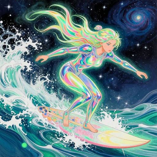 Digital art of a neon-lit, green-haired woman surfing on a glowing board in a starry, cosmic ocean with swirling waves.