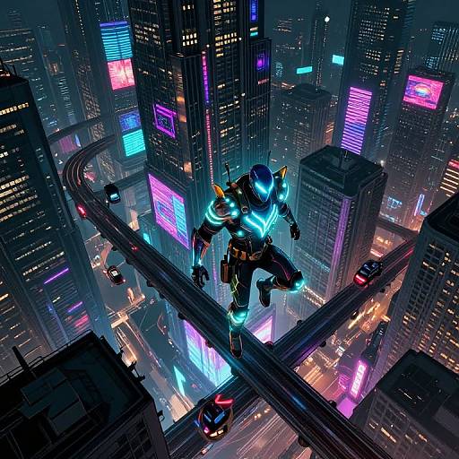 Cyberpunk Aerial Cityscape with Neon Crusader