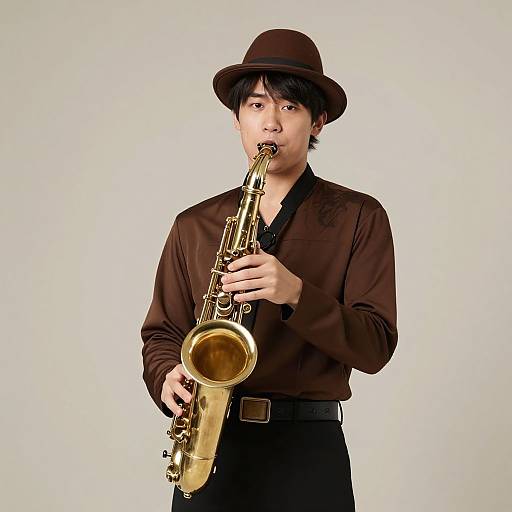 Photograph of an Asian man in a brown hat and shirt playing a golden saxophone against a plain white background.