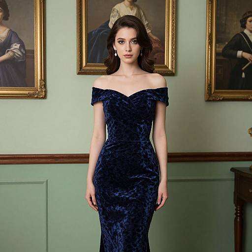 Photograph of a fair-skinned woman with dark hair wearing an off-the-shoulder, navy velvet gown, standing in front of green-walled