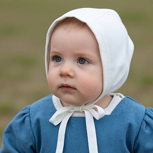 Photograph of a fair-skinned toddler with blue eyes, wearing a white hooded bonnet and blue dress with white ribbon, standing outdoors on a