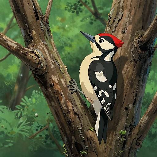Digital illustration of a red-headed woodpecker with black and white plumage perched on a tree trunk in a lush, green forest.