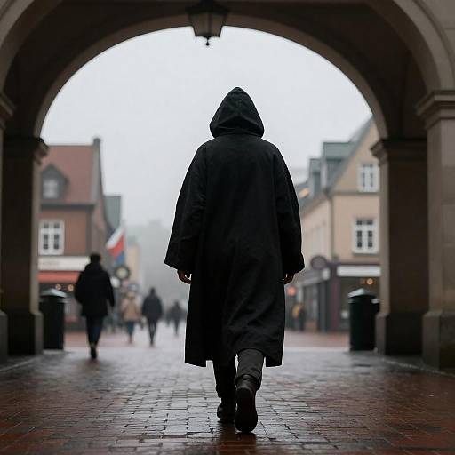 Person in Hooded Cloak Walking Under Archway