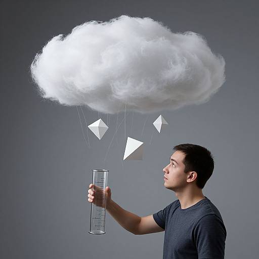 Photograph of a young man with short black hair, wearing a dark blue t-shirt, holding a tall glass, with a white, fluffy cloud above