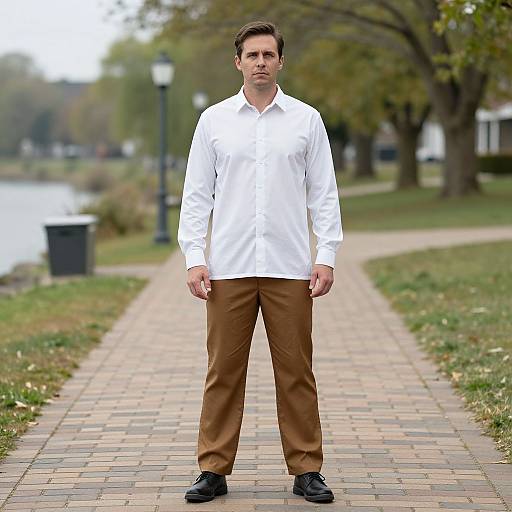 Man in Fishing Shirt on Brick Walkway