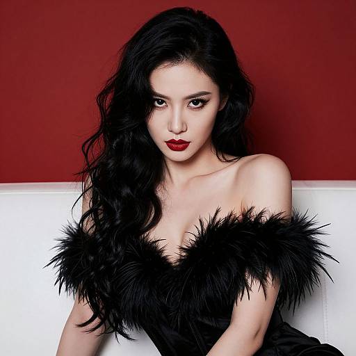 Photograph of a pale-skinned woman with long black hair, wearing a black feathered off-shoulder dress, against a red and white background