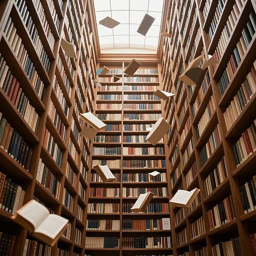 Photograph of a grand library with towering bookshelves, brown wood, and numerous floating books suspended in mid-air under a skylight.