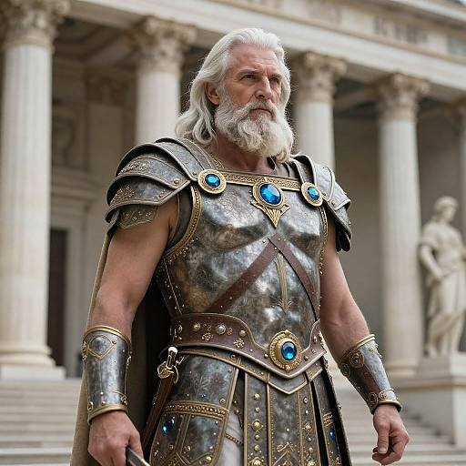 Photograph of an elderly white man with a long white beard, wearing silver and gold ornate armor with blue gems, standing in front of a classical