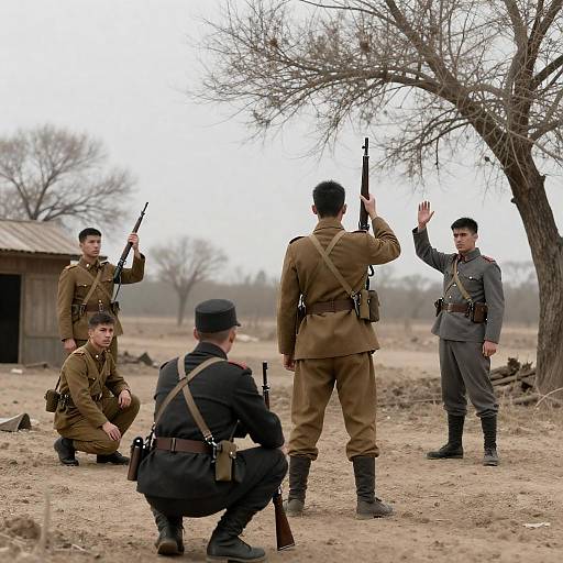 Four Soldiers in a Barren Landscape