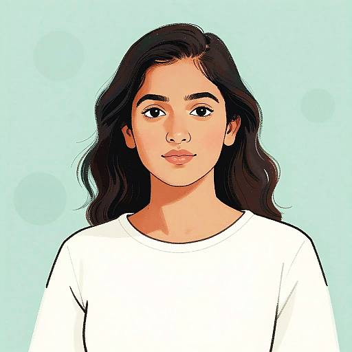 Digital illustration of a young woman with long, dark brown hair, medium brown skin, and brown eyes, wearing a white shirt, against a light blue