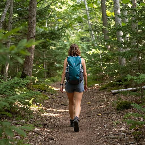 Photograph of a woman with brown hair in a blue backpack and denim shorts, walking on a forest trail, surrounded by lush green trees and dapp