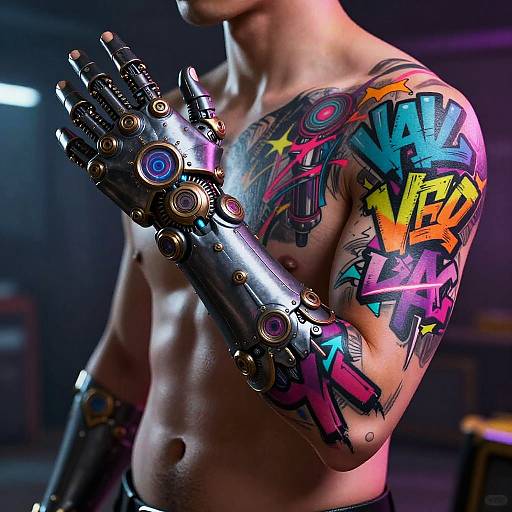 Photograph of a shirtless man with vibrant, graffiti-style tattoos on his right arm and cybernetic left hand, standing in a dimly lit
