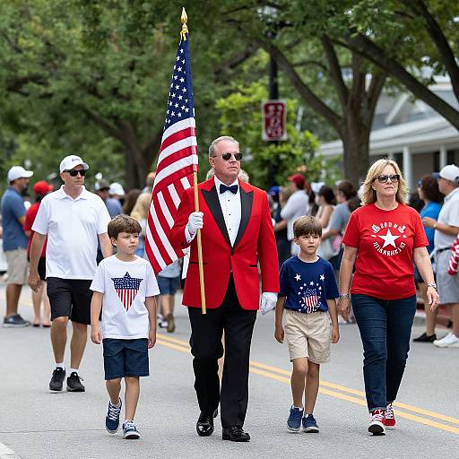 Photograph of a family parade: bald man in red tuxedo, sunglasses, holding American flag, children in patriotic shirts, woman in red shirt