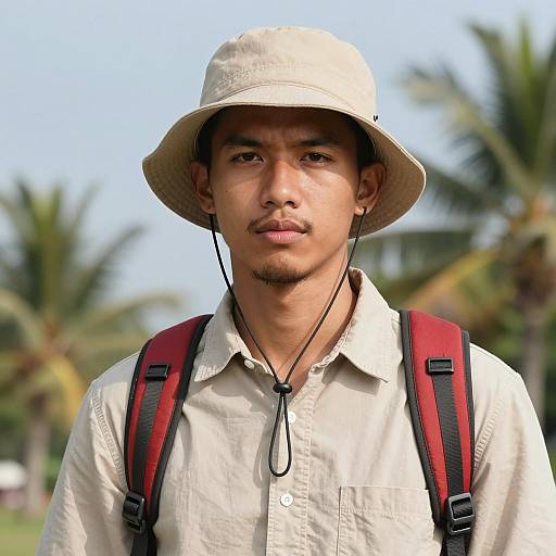 Young Asian Man in Bucket Hat and Red Backpack Outdoors