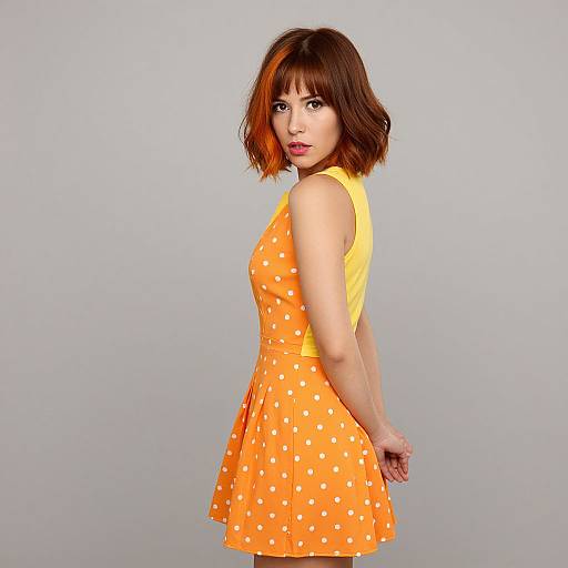 Photograph of a young Asian woman with short brown hair, wearing a sleeveless, orange polka-dot dress, looking over her shoulder against a plain