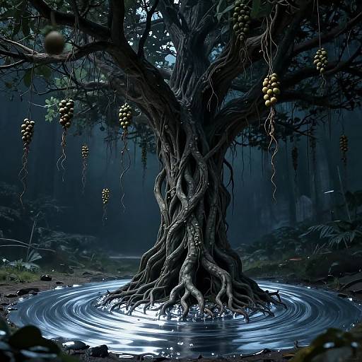 Digital artwork of a gnarled, dark tree with hanging clusters of grapes, rooted in a moonlit pond, ripples radiating from the base