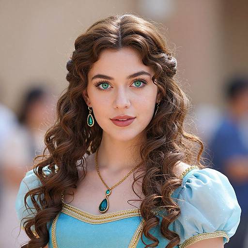 Photograph of a fair-skinned woman with long, wavy brown hair, blue eyes, wearing a blue dress with gold trim and green jewelry,
