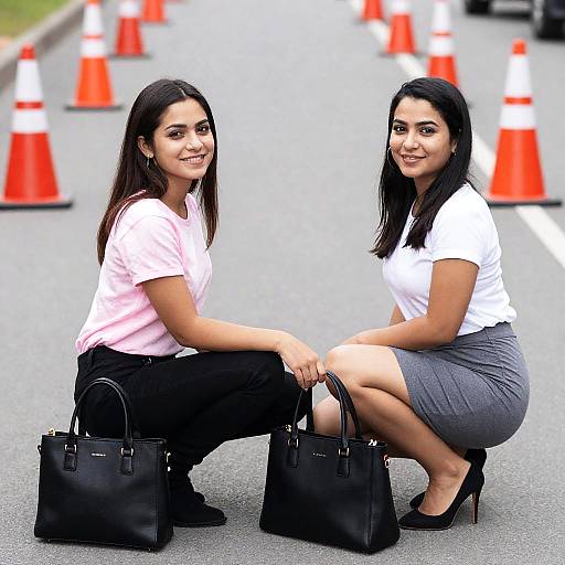Cheerful Women Squatting on Urban Road