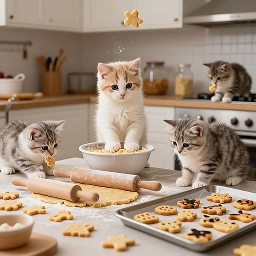 Photograph of four adorable kittens in a bright kitchen, baking cookies: one mid-air with a cookie, three on the counter, surrounded by mixing bowls