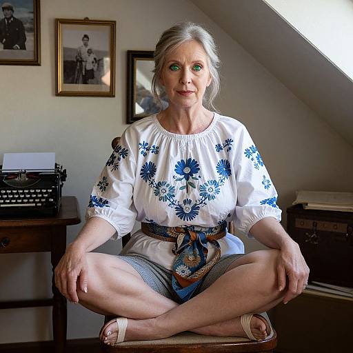 Photograph of an older white woman with gray hair, green eyes, wearing a white floral blouse and gray shorts, sitting cross-legged in a sunlit