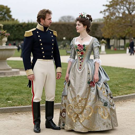 Photograph of a couple in 18th-century regalia: he in a navy military uniform with gold epaulettes, she in an elaborate