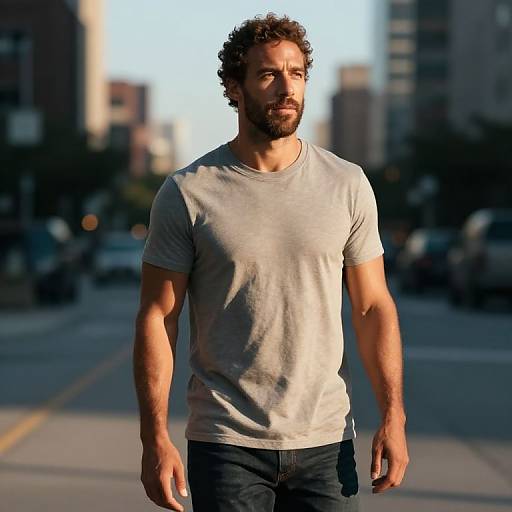 Photograph of a muscular, bearded man with curly brown hair wearing a light gray t-shirt and dark pants, walking on a sunny urban street with