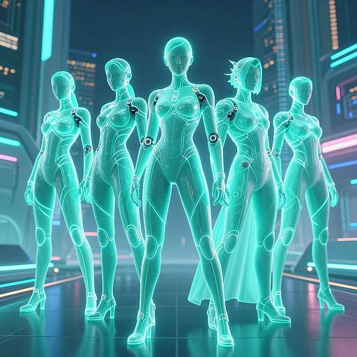CGI image of five glowing, neon-blue, futuristic female robots standing in a cityscape with neon lights, showcasing sleek, high-heeled designs.