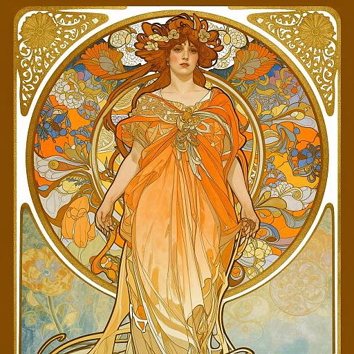 Art Nouveau Woman in Orange Gown