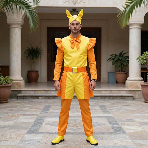 Photograph of a man in bright orange Pikachu costume with yellow shoes and headband, standing on a tiled porch with potted plants and columns in the
