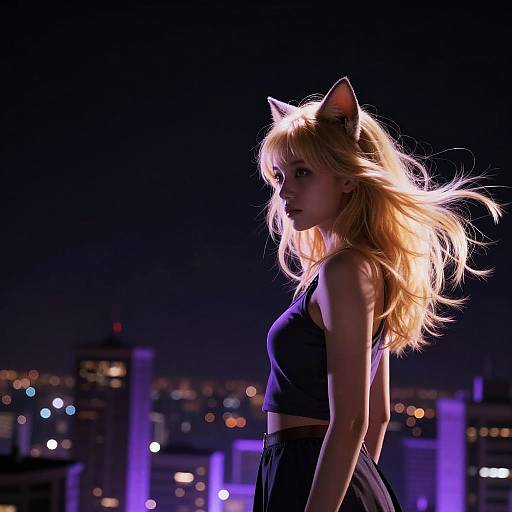 Digital anime-style portrait of a blonde, cat-eared girl with flowing hair, wearing a black crop top, standing against a nighttime cityscape with blurred