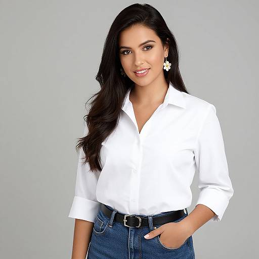 Photograph of a smiling woman with long black hair, wearing a white button-up shirt, blue jeans, black belt, and white flower earrings, standing