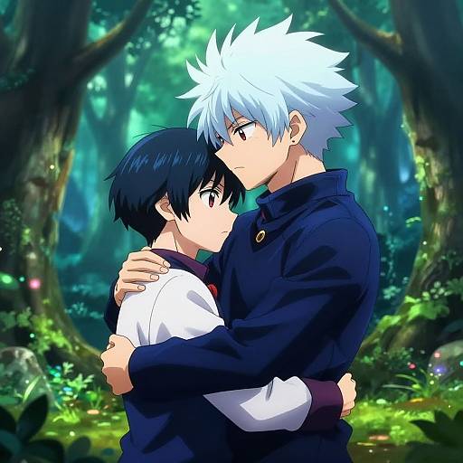 Anime-style digital drawing of two young men with contrasting hair colors, white and black, embracing in a magical, glowing forest.