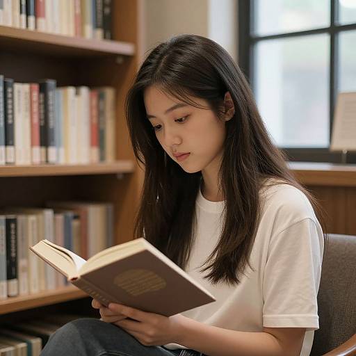 Photograph of an Asian woman with long black hair, wearing a white t-shirt, reading a book in a library with wooden shelves and natural light.