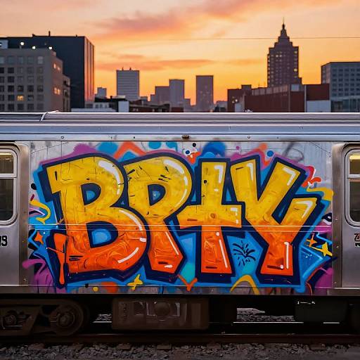 Photograph of a graffiti-covered train with vibrant 
