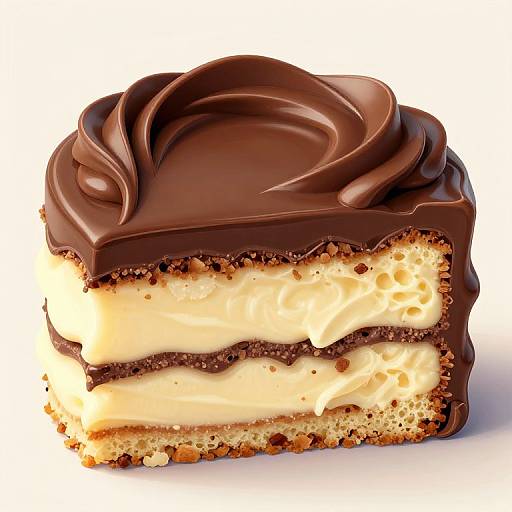 Photorealistic image of a layered chocolate cheesecake slice with creamy filling, dark chocolate top, and crumbly crust on a white background.