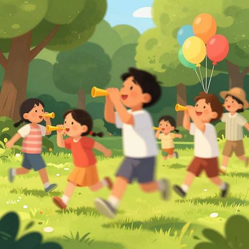 Digital cartoon of six children playing in a sunlit, green forest. They play trumpets and blow colorful balloons, wearing summer clothes. Trees and blue