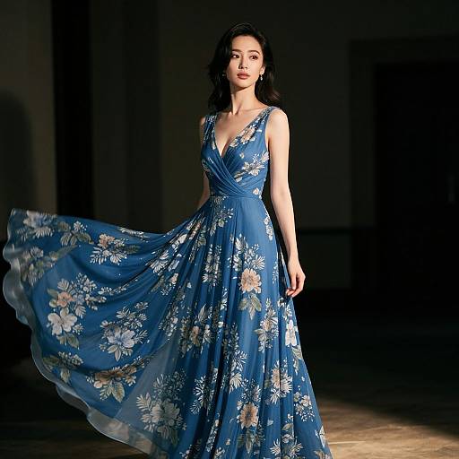 Photograph of a confident woman with dark hair, wearing a flowing, deep blue floral dress, walking down a dimly lit runway.