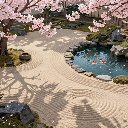 Digital illustration of a tranquil Japanese garden with circular raked gravel, cherry blossom tree, koi pond with orange fish, and rock formations. Soft sunlight
