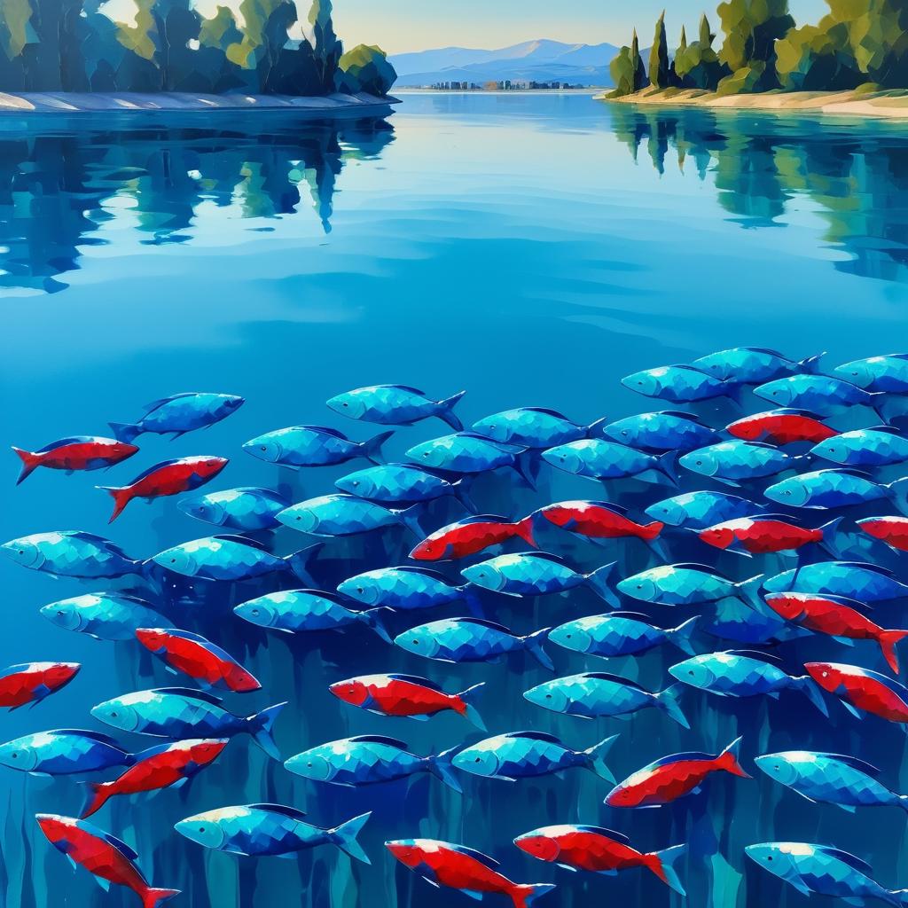 Serene Lake with Vibrant Blue Fish