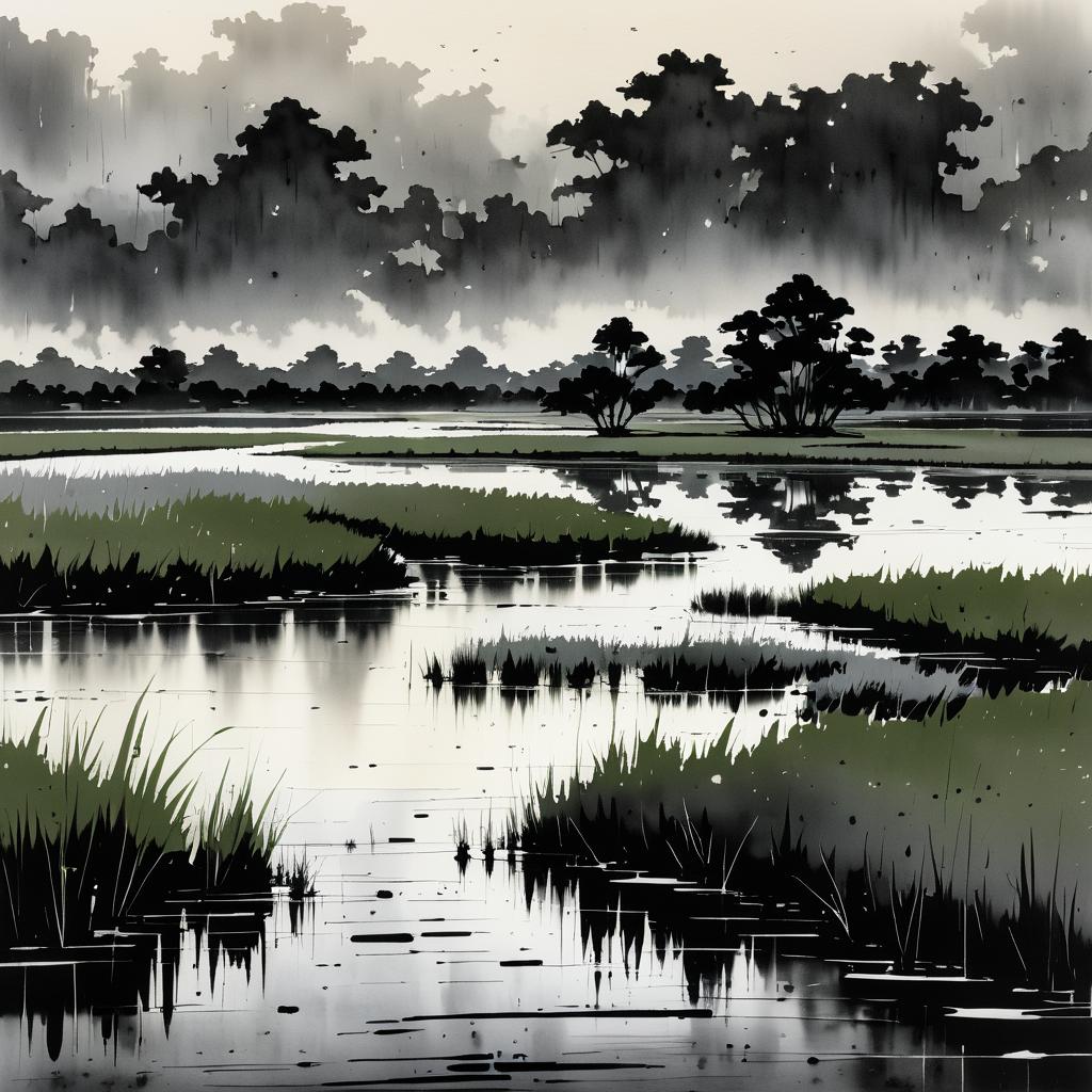 Serene Wetlands in Heavy Rain