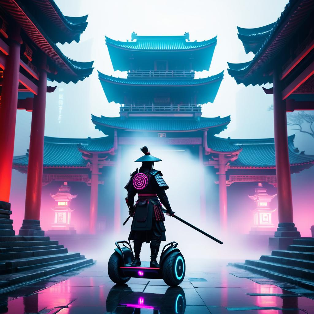 Cyberpunk Samurai Segway in Misty Temple