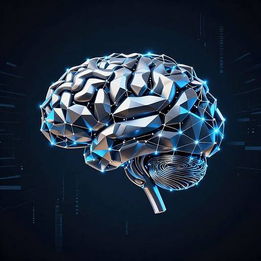 CGI image of a glowing, geometric, blue and white brain with wireframe details against a dark blue, tech-themed background.