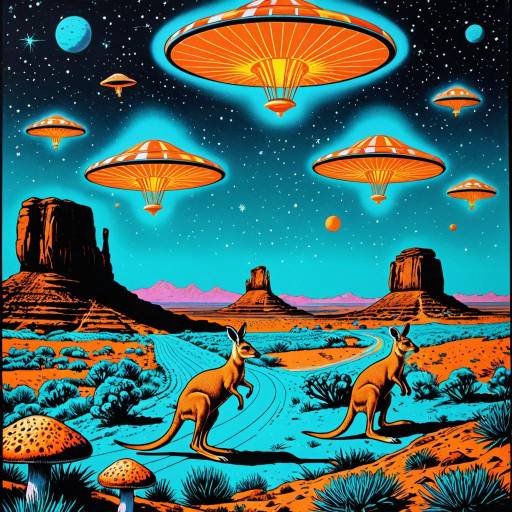 Vintage 70s Cosmic Desert with Kangaroos and UFOs